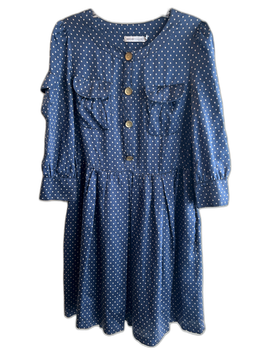 SeeByChloe Size 8 Blue & Gray Silk Star Print Round Neck 3/4 Sleeve Pleats Dress Blue & Gray / 8