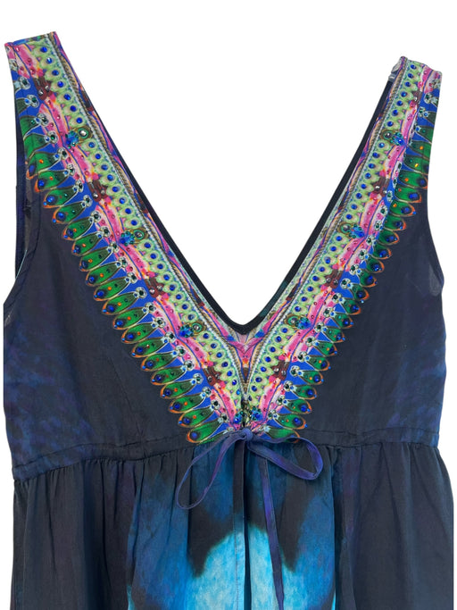 Camilla Size 1 Teal & Multi Silk High Low Sleeveless V Neck Abstract Print Dress Teal & Multi / 1
