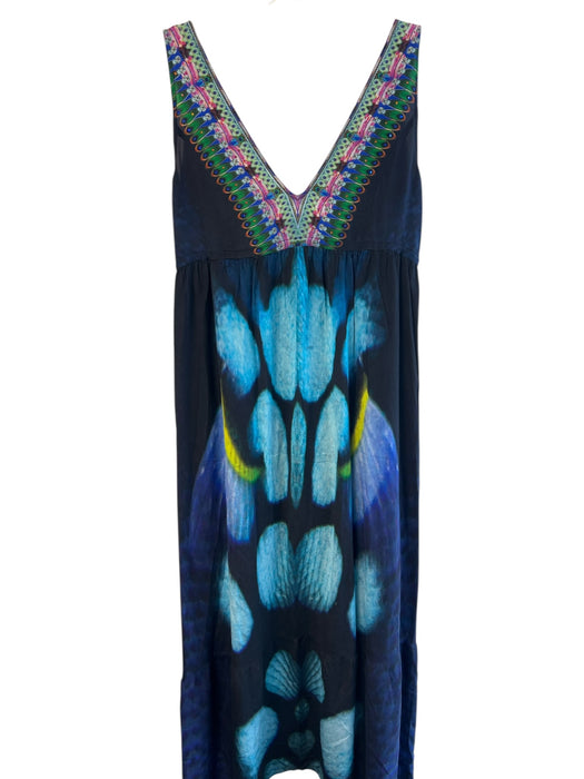 Camilla Size 1 Teal & Multi Silk High Low Sleeveless V Neck Abstract Print Dress Teal & Multi / 1