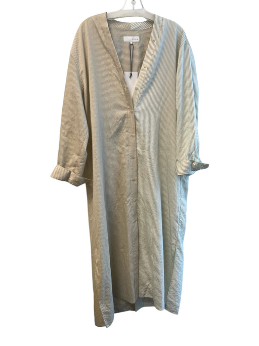 Zara Size Large Ivory & Tan Viscose Blend Striped Button Down V Neck Dress Ivory & Tan / Large
