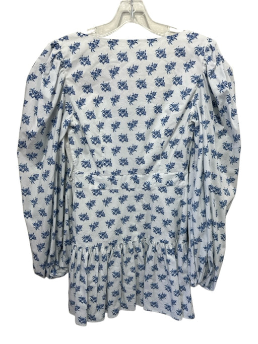 Caroline Constas Size Est S White & Blue Cotton Blend Floral Square Neck Dress White & Blue / Est S