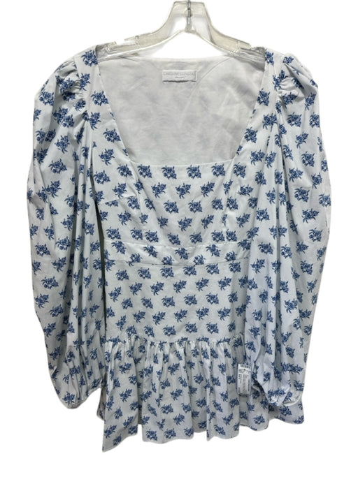 Caroline Constas Size Est S White & Blue Cotton Blend Floral Square Neck Dress White & Blue / Est S
