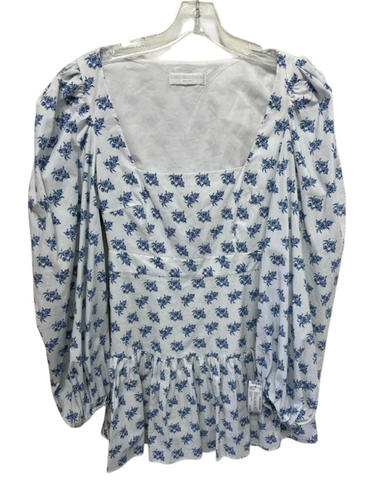 Caroline Constas Size Est S White & Blue Cotton Blend Floral Square Neck Dress White & Blue / Est S