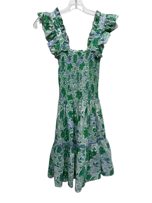 Ro's Garden Size XS Green & Blue Cotton Ruffle Cap Sleeve Floral Print Dress Green & Blue / XS