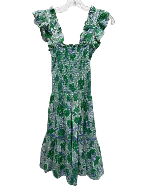 Ro's Garden Size XS Green & Blue Cotton Ruffle Cap Sleeve Floral Print Dress Green & Blue / XS