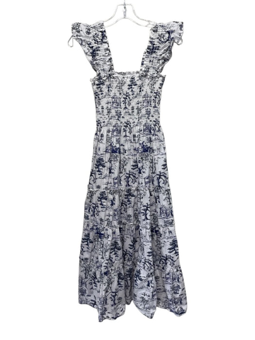 Aqua Size S White & Blue Cotton & Polyester Ruffle Cap Sleeve Midi Dress White & Blue / S