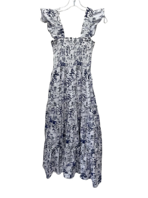 Aqua Size S White & Blue Cotton & Polyester Ruffle Cap Sleeve Midi Dress White & Blue / S