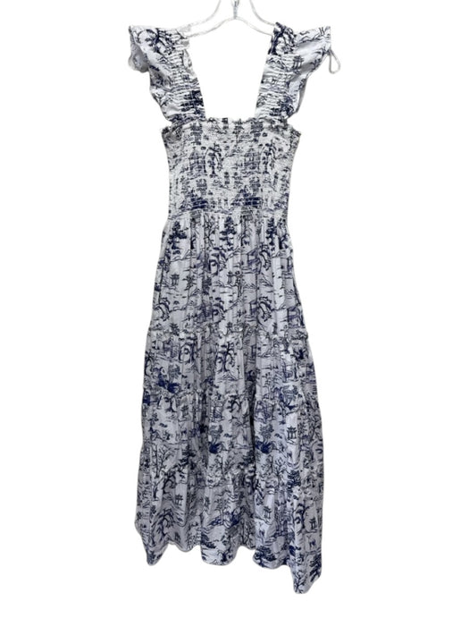 Aqua Size S White & Blue Cotton & Polyester Ruffle Cap Sleeve Midi Dress White & Blue / S