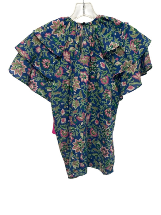 Banjanan Size XS Blue, Green, Pink Cotton Short Sleeve Floral Print Ruffles Top Blue, Green, Pink / XS