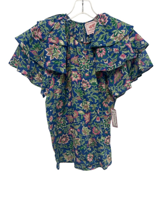 Banjanan Size XS Blue, Green, Pink Cotton Short Sleeve Floral Print Ruffles Top Blue, Green, Pink / XS