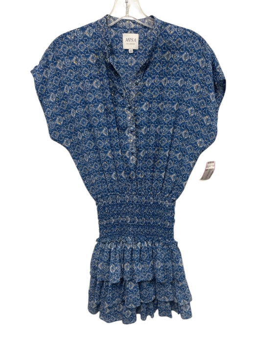 Misa Size XS Blue, White, Gold Polyester Cap Sleeve Abstract Print Mini Dress Blue, White, Gold / XS