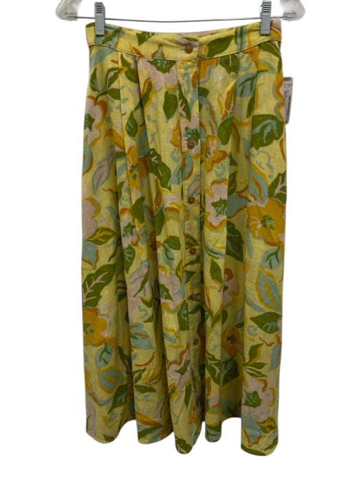 Zara Size M/S Yellow, Green, Multi Viscose & Linen Buttons Midi Skirt Set Yellow, Green, Multi / M/S