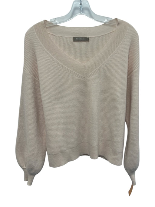 Brodie Size S Light Pink Cashmere V Neck Rib Knit Long Sleeve Sweater Light Pink / S