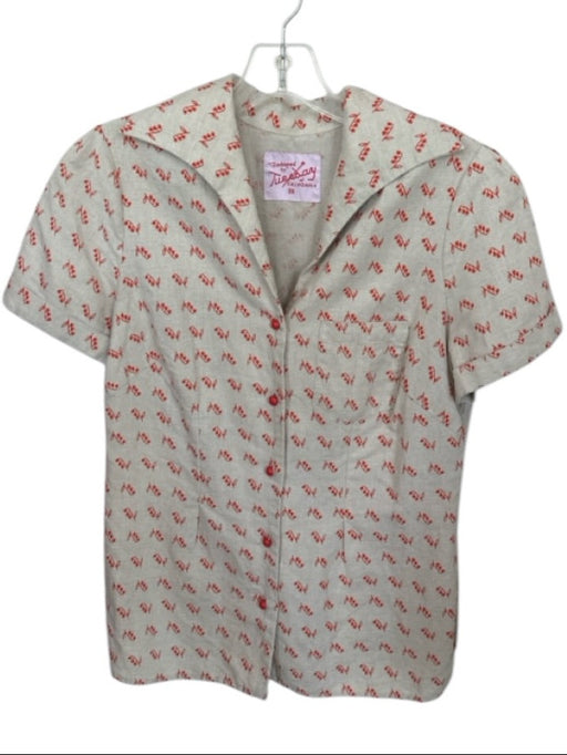 Tuesday of California Size XS Tan & Red Linen & Cotton Short Sleeve Lillies Top Tan & Red / XS