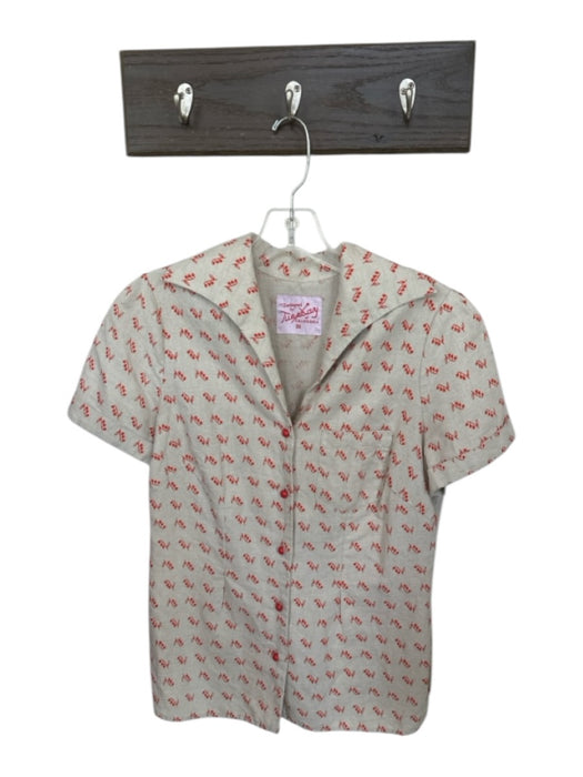 Tuesday of California Size XS Tan & Red Linen & Cotton Short Sleeve Lillies Top Tan & Red / XS