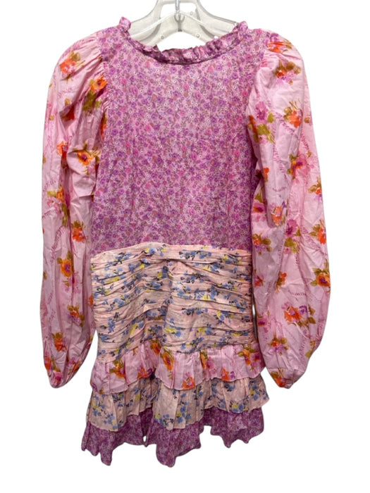 Love Shack Fancy Size 2 Pink & Multi Cotton V Neck Floral Long Sleeve Dress Pink & Multi / 2