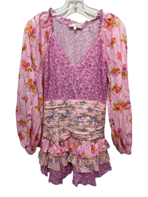 Love Shack Fancy Size 2 Pink & Multi Cotton V Neck Floral Long Sleeve Dress Pink & Multi / 2