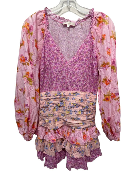 Love Shack Fancy Size 2 Pink & Multi Cotton V Neck Floral Long Sleeve Dress