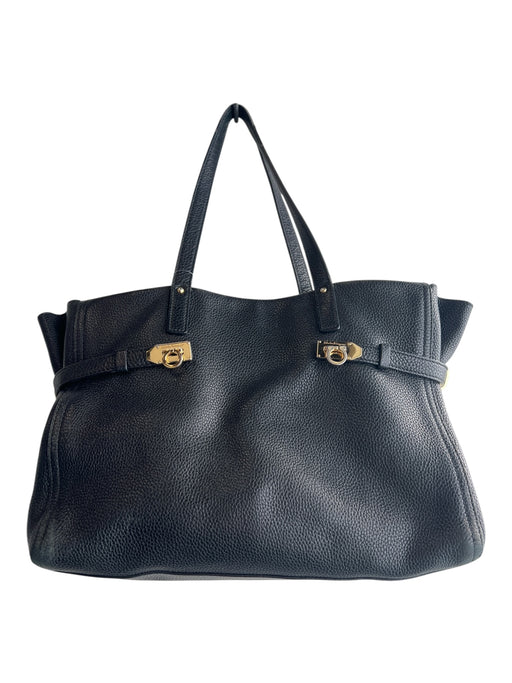 Salvatore Ferragamo Black Pebbled Leather Calfskin Goldtone Hardware Gancini Bag Black