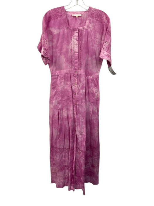 Loveshackfancy Size M Pink Cotton Lace Detail Tie Dye Button Front Pleats Dress Pink / M