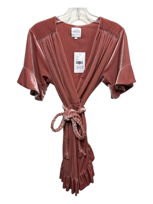 Misa Size Medium Pink Viscose Flare Sleeve Crushed Velvet Wrap Ruffles Dress Pink / Medium