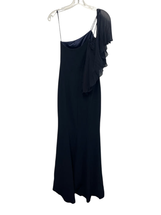 Theia Size 8 Navy One Shoulder Ruffles Zip Back Long Gown Navy / 8