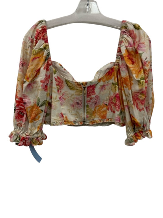 For Love & Lemons Size L White & Multi Linen Blend Hook Closure Floral Top White & Multi / L