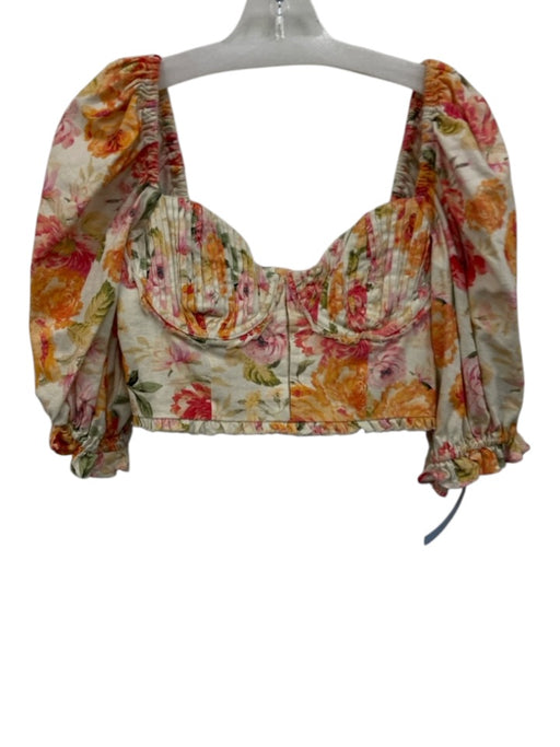 For Love & Lemons Size L White & Multi Linen Blend Hook Closure Floral Top White & Multi / L