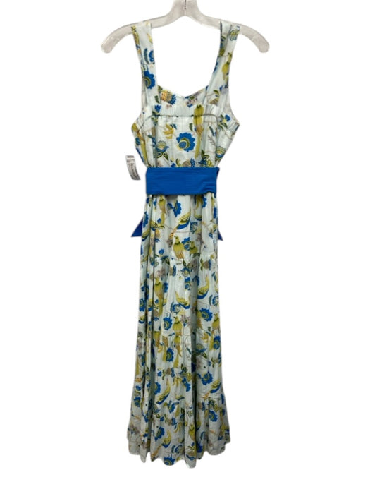 Beau & Ro Size S White, Blue & Multi Cotton Sleeveless Printed Tie Belt Dress White, Blue & Multi / S