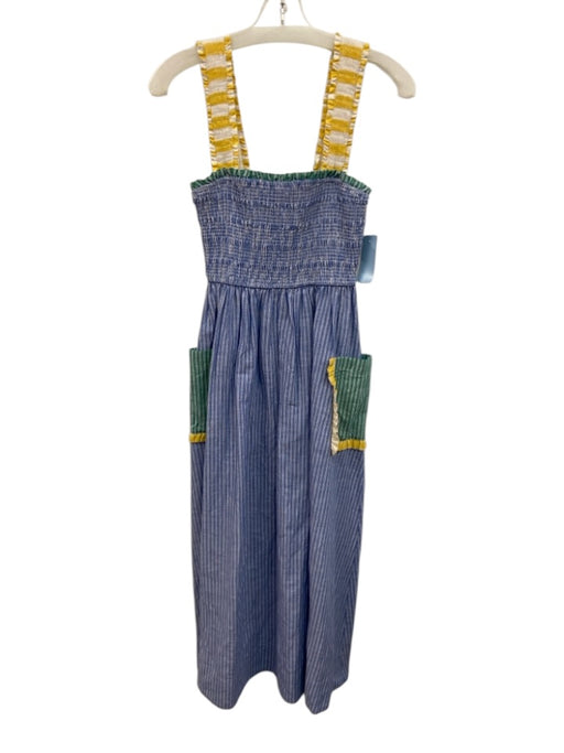 Rhode Size M Blue & Multi Cotton & Linen Smocked Bodice Striped Maxi Dress Blue & Multi / M