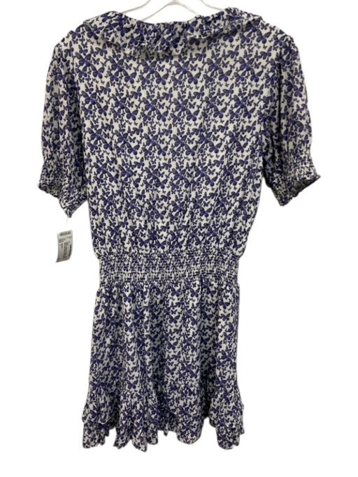 Sundays Size 1 White & Indigo Print Cotton Butterfly V Neck Short Sleeve Dress White & Indigo Print / 1