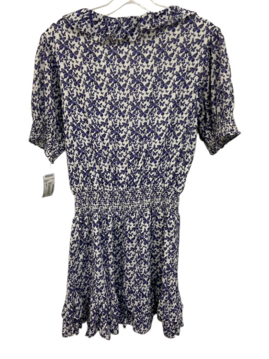 Sundays Size 1 White & Indigo Print Cotton Butterfly V Neck Short Sleeve Dress White & Indigo Print / 1