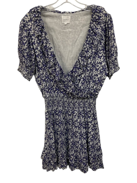Sundays Size 1 White & Indigo Print Cotton Butterfly V Neck Short Sleeve Dress White & Indigo Print / 1
