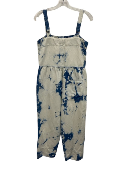 AMO Size M White & Blue Linen & Cotton Tie Dye Pockets Adjustable Strap Jumpsuit White & Blue / M
