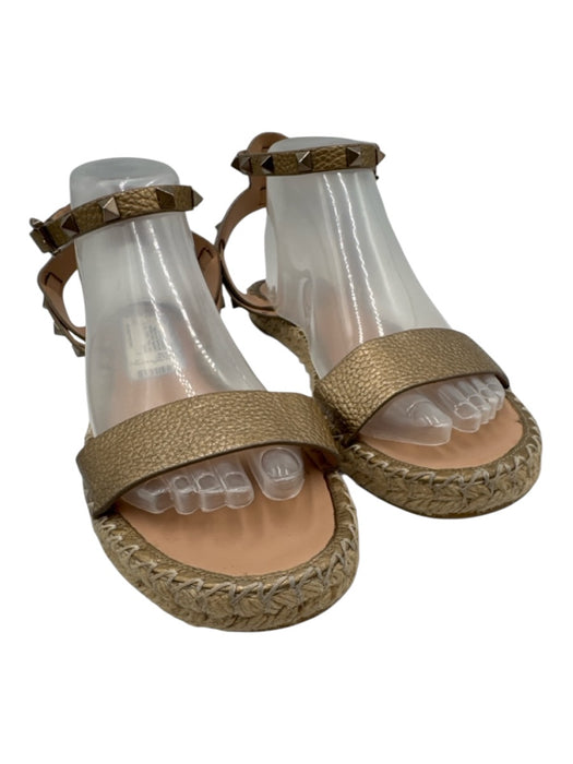 Valentino Garavani Shoe Size 40 Gold Leather Studded Open Toe Espadrille Sandals Gold / 40