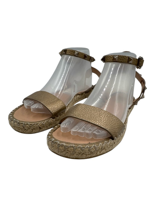 Valentino Garavani Shoe Size 40 Gold Leather Studded Open Toe Espadrille Sandals Gold / 40