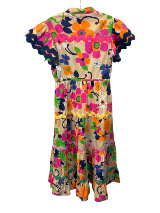 Celia B Size S Cream & Multi Cotton Blend Button Front Ruffle Short Sleeve Dress Cream & Multi / S