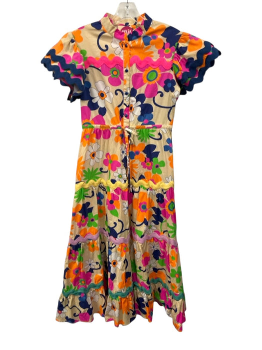 Celia B Size S Cream & Multi Cotton Blend Button Front Ruffle Short Sleeve Dress Cream & Multi / S
