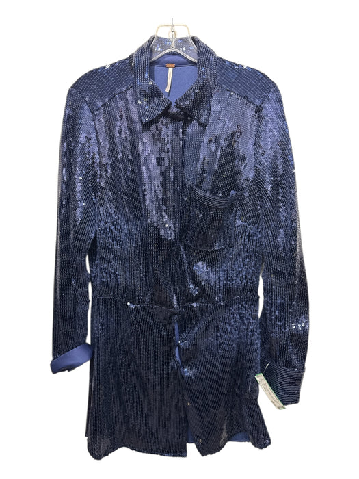 Free People Size L Blue Polyester Blend Sequin Button Down pocket Collar Dress Blue / L