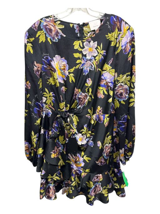 Cinq a Sept Size 12 Black, Green, Multi Polyester Satin Floral Side Tie Dress Black, Green, Multi / 12