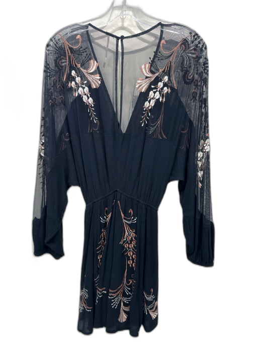 Free People Size XS Black, White, Brown Rayon Long Sleeve Sheer Detail Dress Black, White, Brown / XS