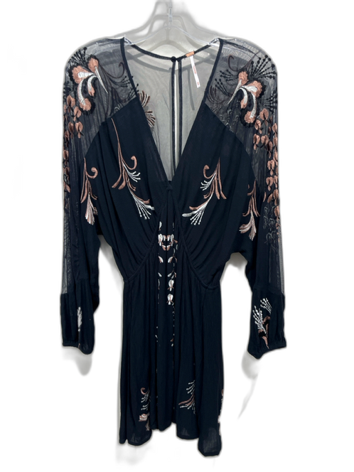 Free People Size XS Black, White, Brown Rayon Long Sleeve Sheer Detail Dress Black, White, Brown / XS