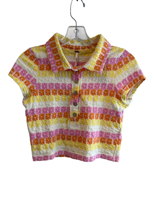 Free People Size S Yellow Orange & pink Cotton Blend Collared 1/2 Button Top Yellow Orange & pink / S
