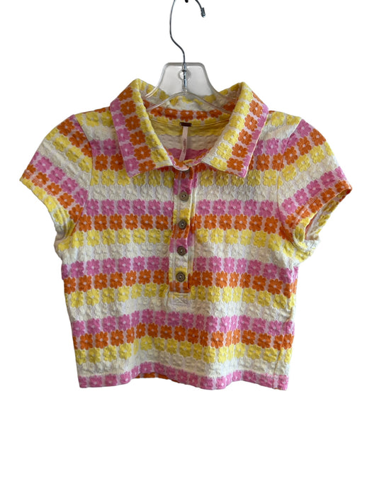 Free People Size S Yellow Orange & pink Cotton Blend Collared 1/2 Button Top Yellow Orange & pink / S
