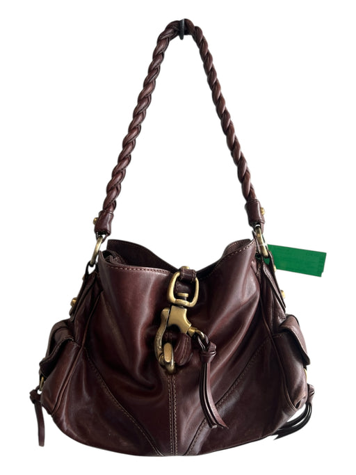 Francesco Biasia Dark Brown Leather Brass Hardware Braided Strap Top Zip Bag Dark Brown / Medium