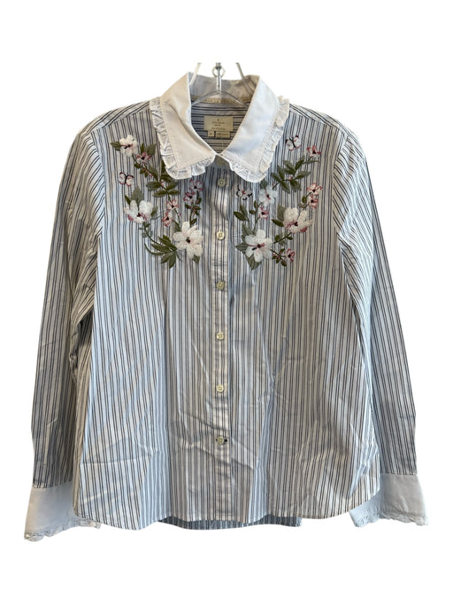 Kate Spade Size M White & Blue Cotton Collared Button Down Floral Embroidery Top White & Blue / M