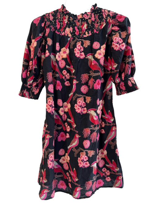 Olivia James Size XS Black & Pink Cotton Birds Half Puff Sleeve Dress Black & Pink / XS