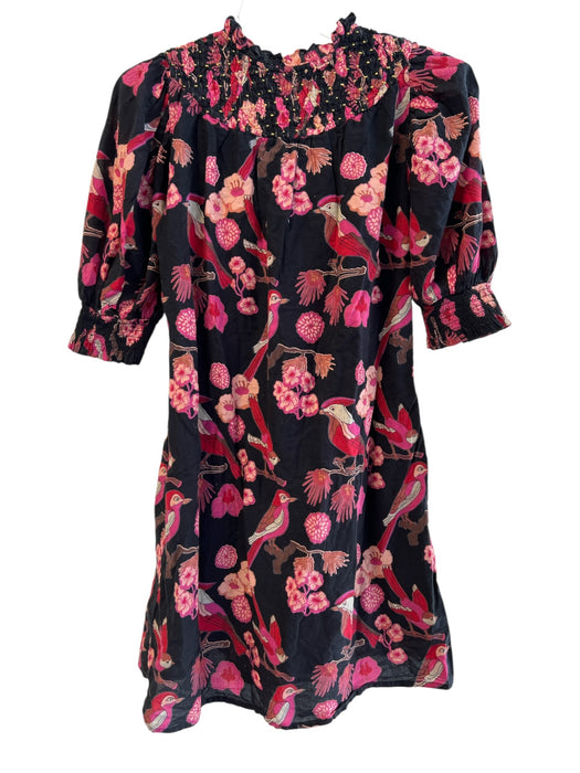 Olivia James Size XS Black & Pink Cotton Birds Half Puff Sleeve Dress Black & Pink / XS