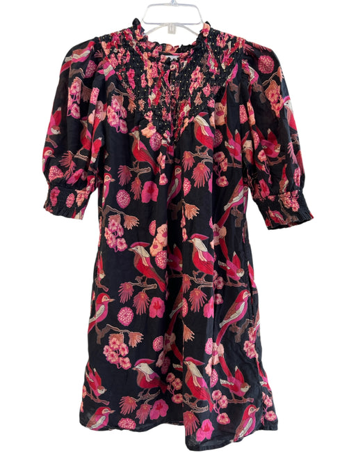 Olivia James Size XS Black & Pink Cotton Birds Half Puff Sleeve Dress Black & Pink / XS