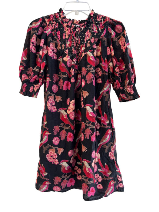Olivia James Size XS Black & Pink Cotton Birds Half Puff Sleeve Dress Black & Pink / XS